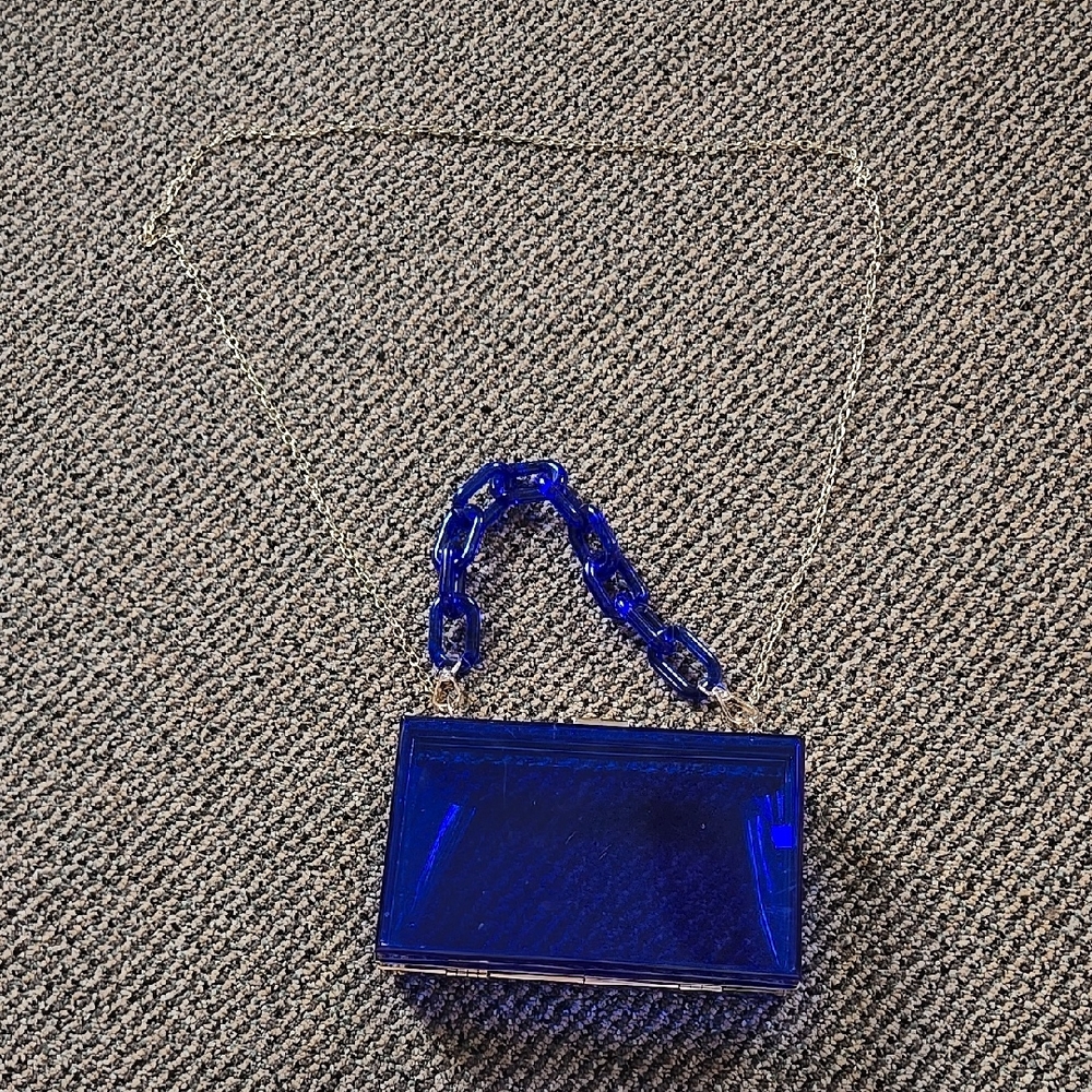 Vintage Y2k Blue Acrylic Clutch with  Acrylic Chain Detail & Gold Strap